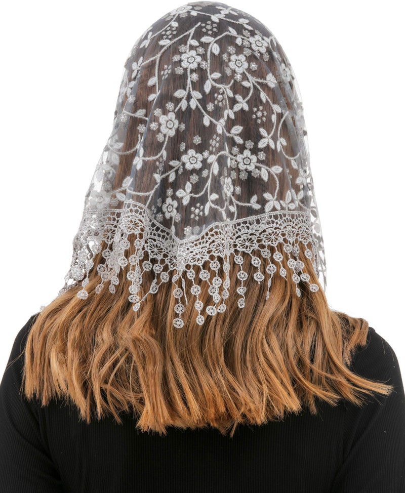 PAMOR Triangle Lace Veil Mantilla Cathedral Head Covering Chapel Veil for Mass Wedding Bridesmaids (Gray) - Image 5